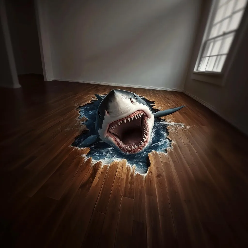 3D Shark Floor Sticker | Realistic Vinyl Shark Breaking Through Floor Decal | Ocean Themed Floor Art | Shark Attack Floor Mural