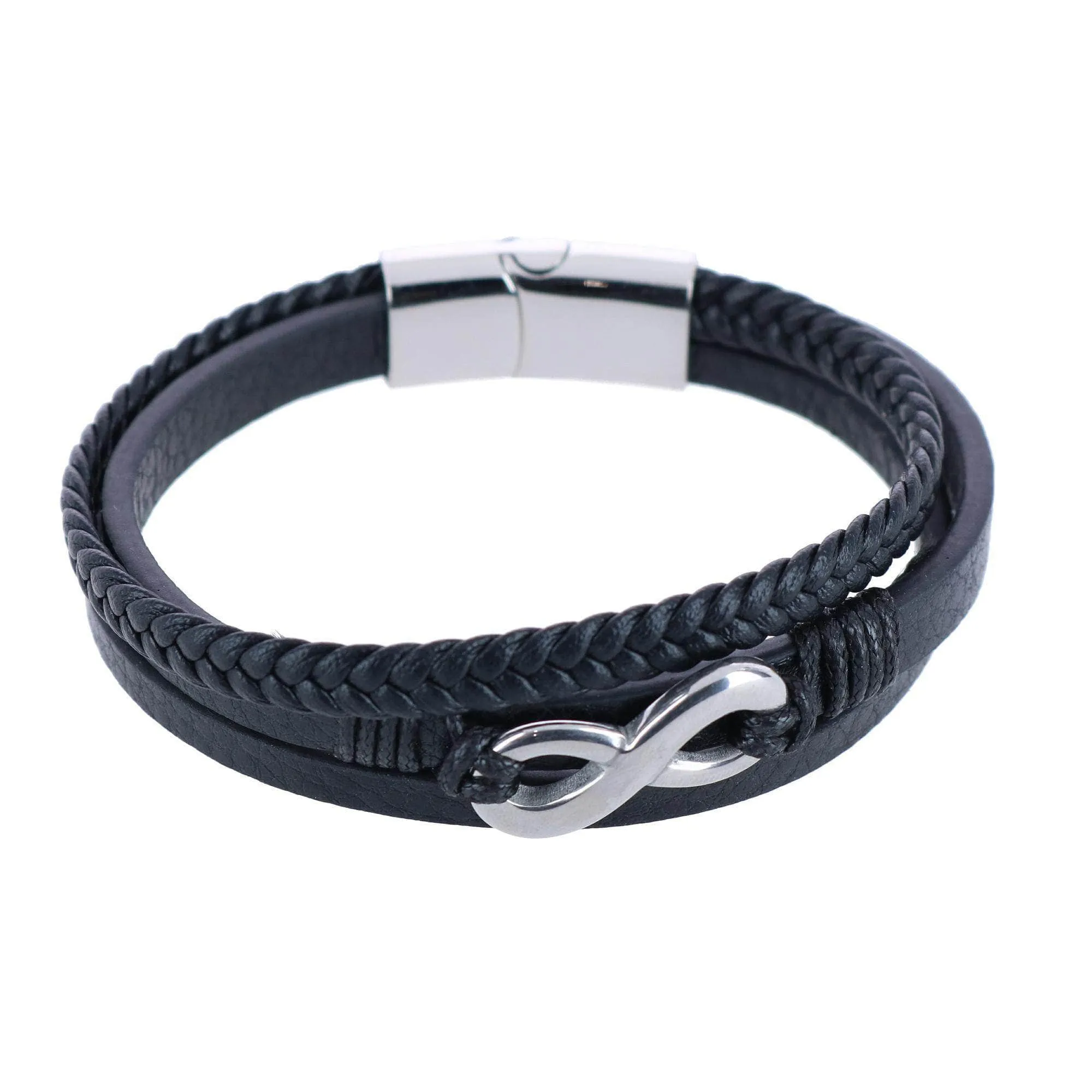 Diagonal Rhodium Cufflinks & Infinity Triple Band Leather Bracelet