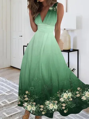 Elegant Deep V-Neck Satin Swing Dress - High Waist Sleeveless Maxi