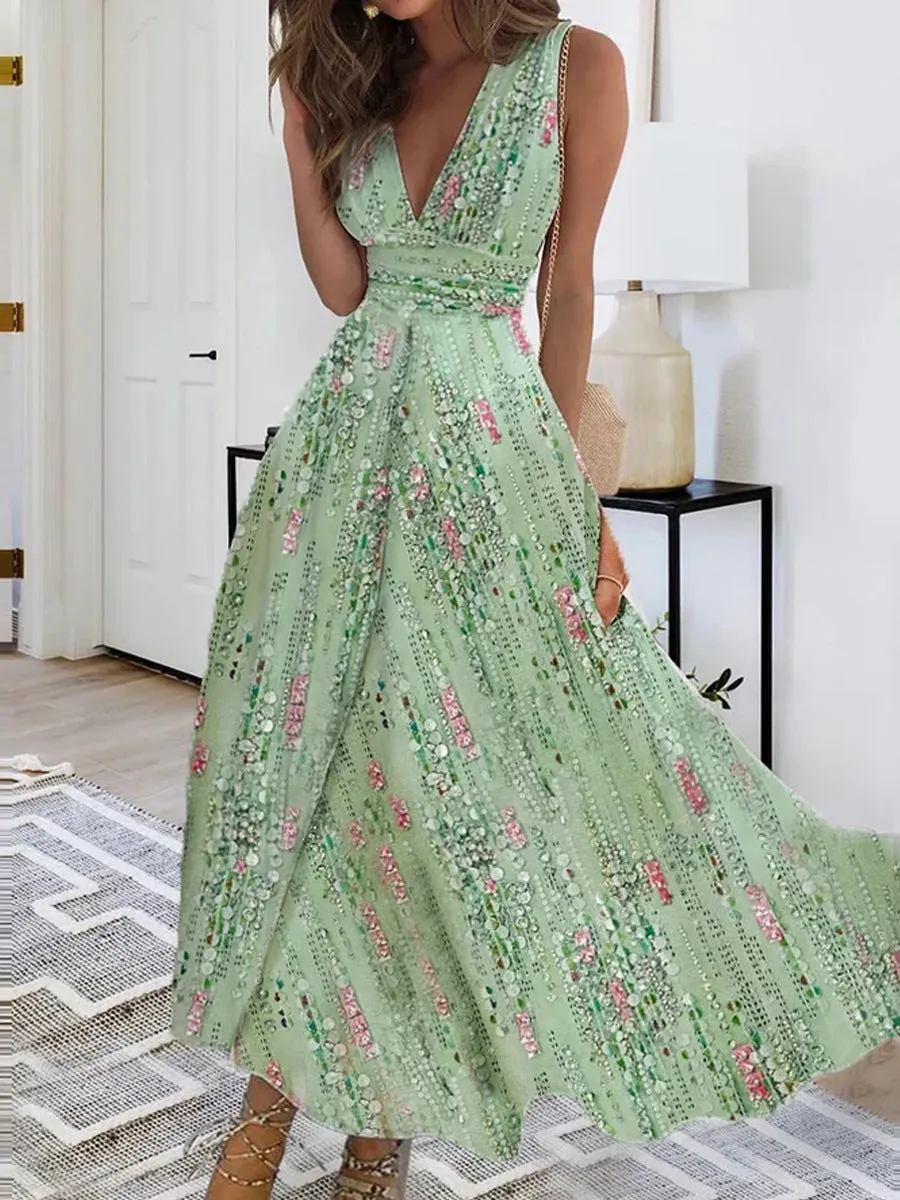 Elegant Deep V-Neck Satin Swing Dress - High Waist Sleeveless Maxi