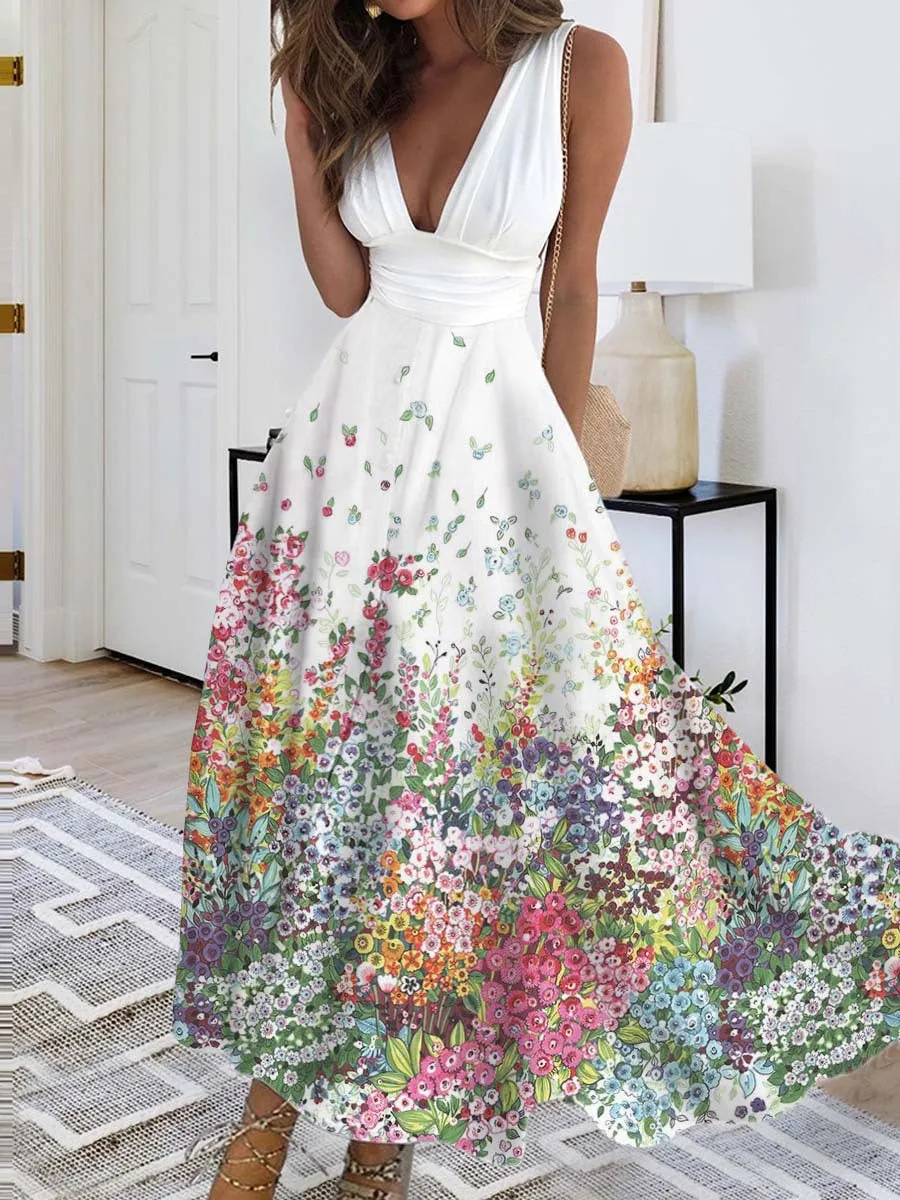 Elegant Deep V-Neck Satin Swing Dress - High Waist Sleeveless Maxi