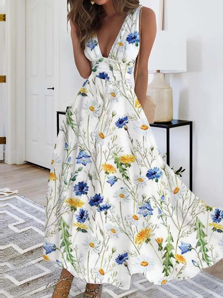 Elegant Deep V-Neck Satin Swing Dress - High Waist Sleeveless Maxi
