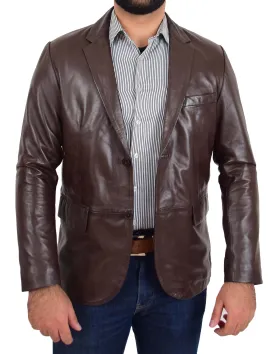Mens Blazer Leather Jacket Fitted 2 Button Fasten Donnie Brown