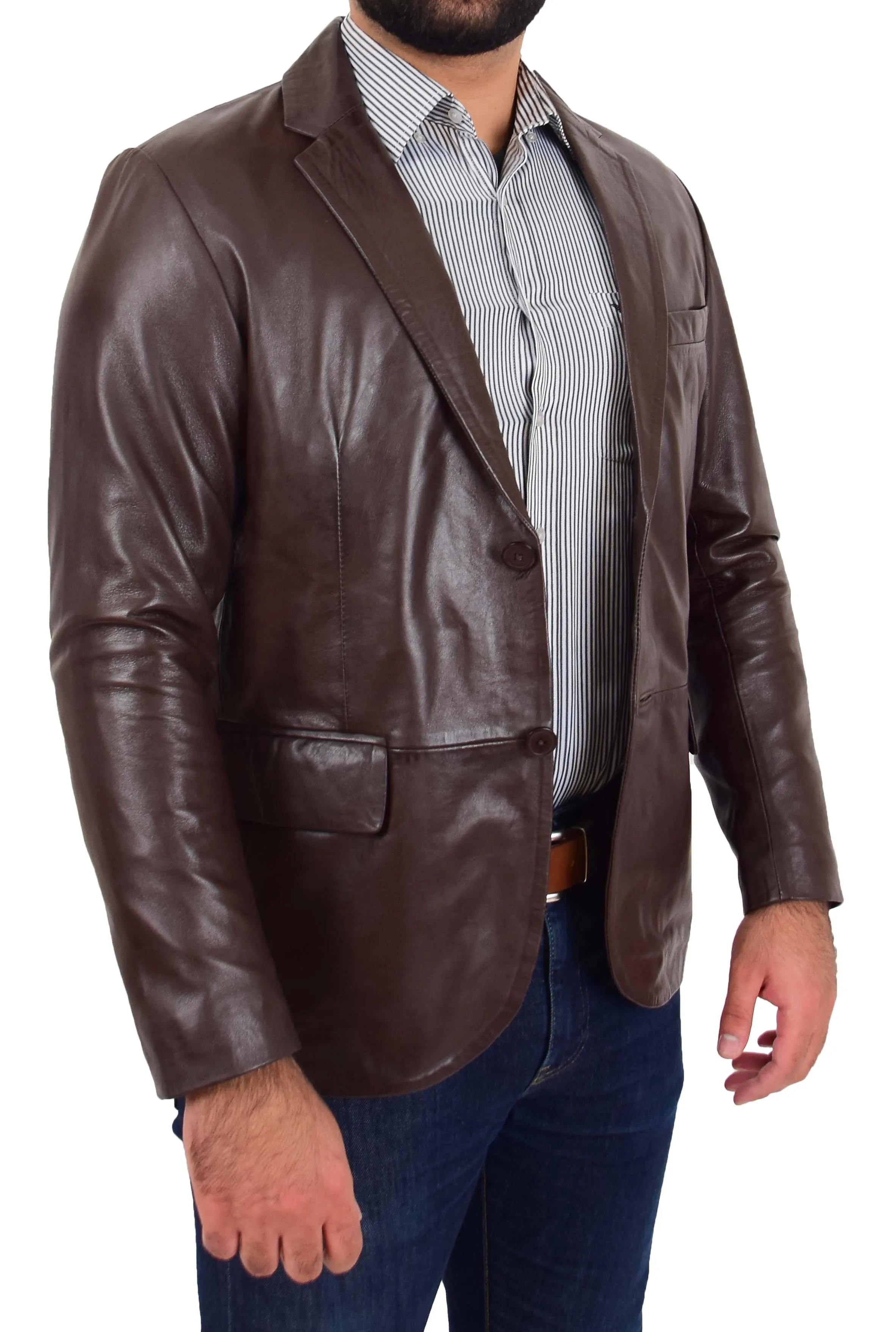 Mens Blazer Leather Jacket Fitted 2 Button Fasten Donnie Brown