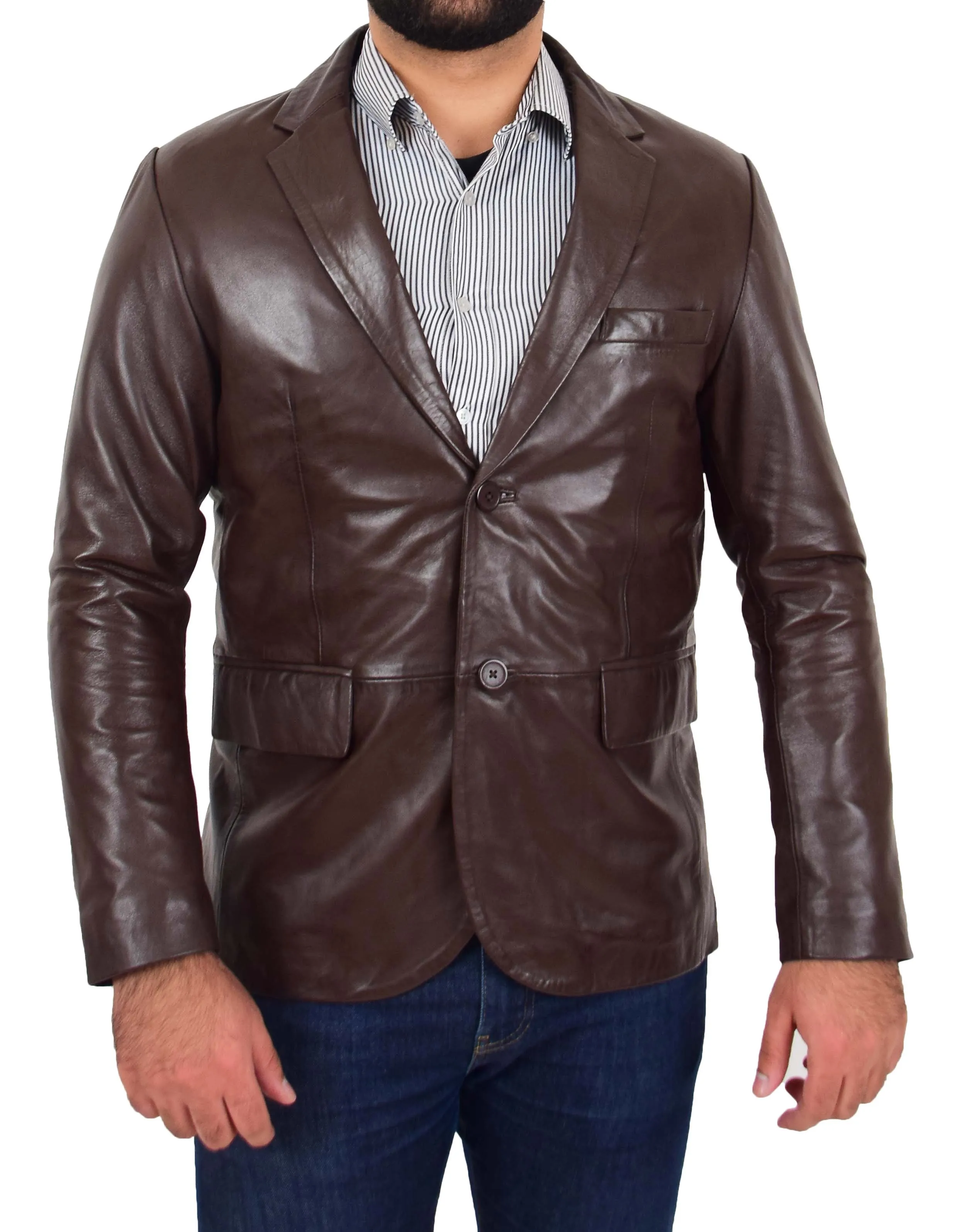 Mens Blazer Leather Jacket Fitted 2 Button Fasten Donnie Brown