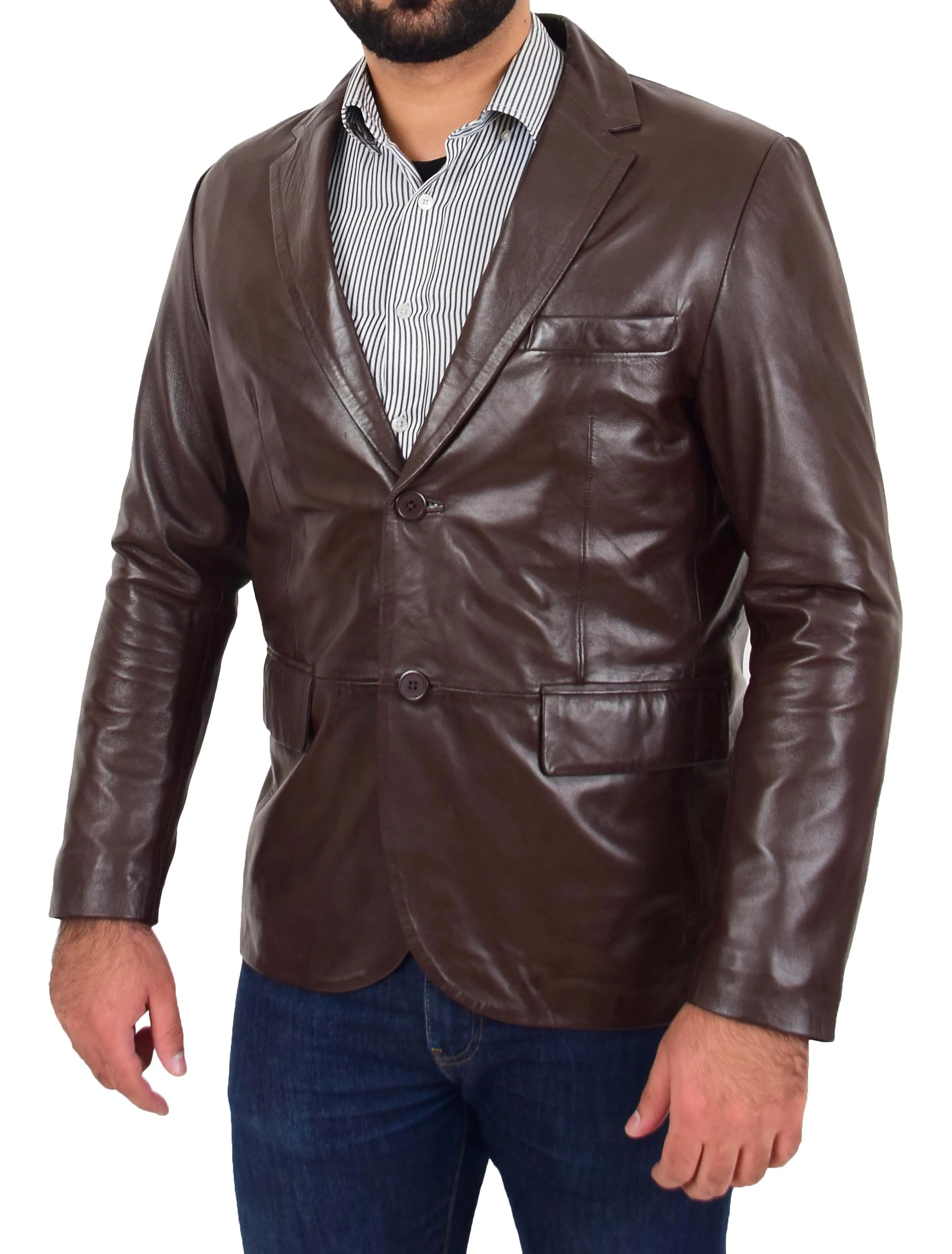 Mens Blazer Leather Jacket Fitted 2 Button Fasten Donnie Brown