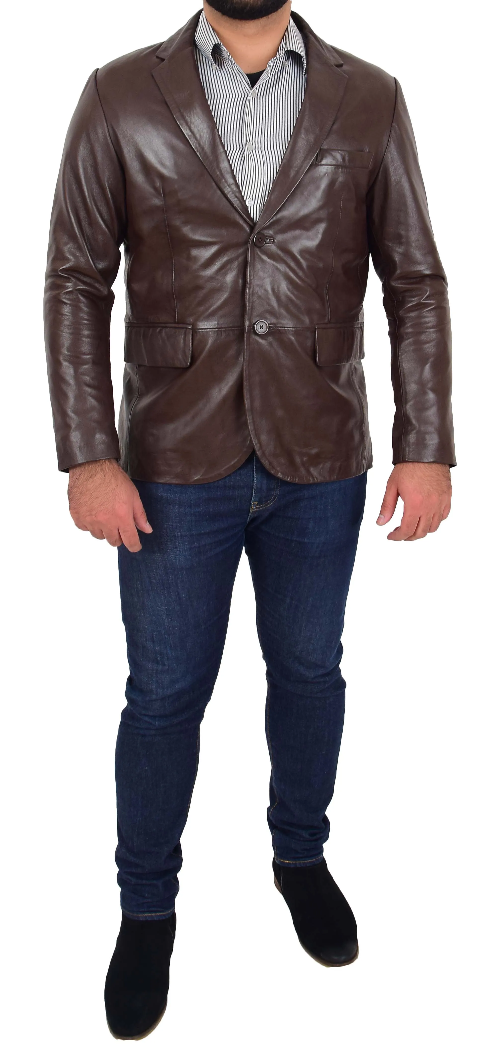 Mens Blazer Leather Jacket Fitted 2 Button Fasten Donnie Brown