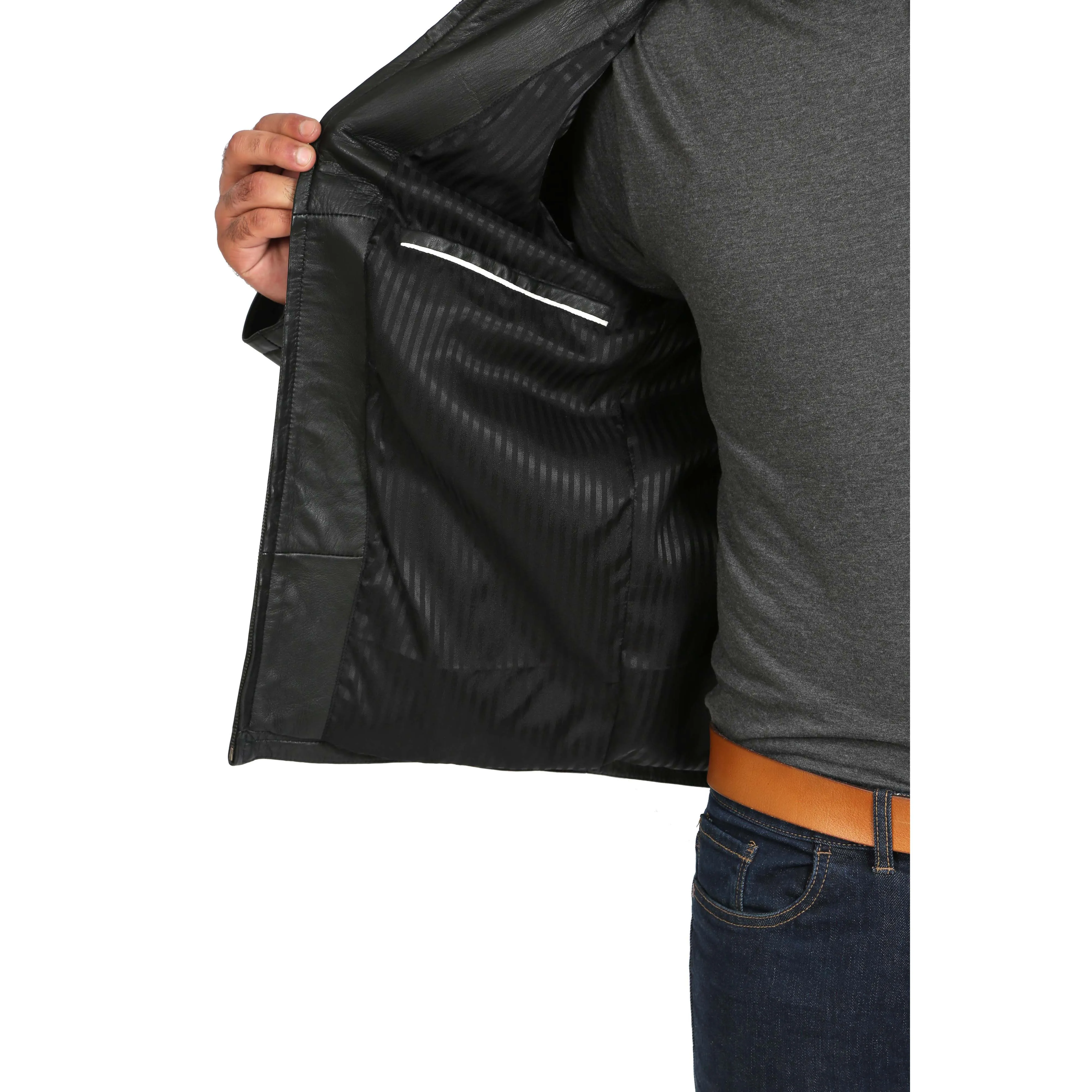 Mens Classic Zip Fasten Box Leather Jacket Tony Black