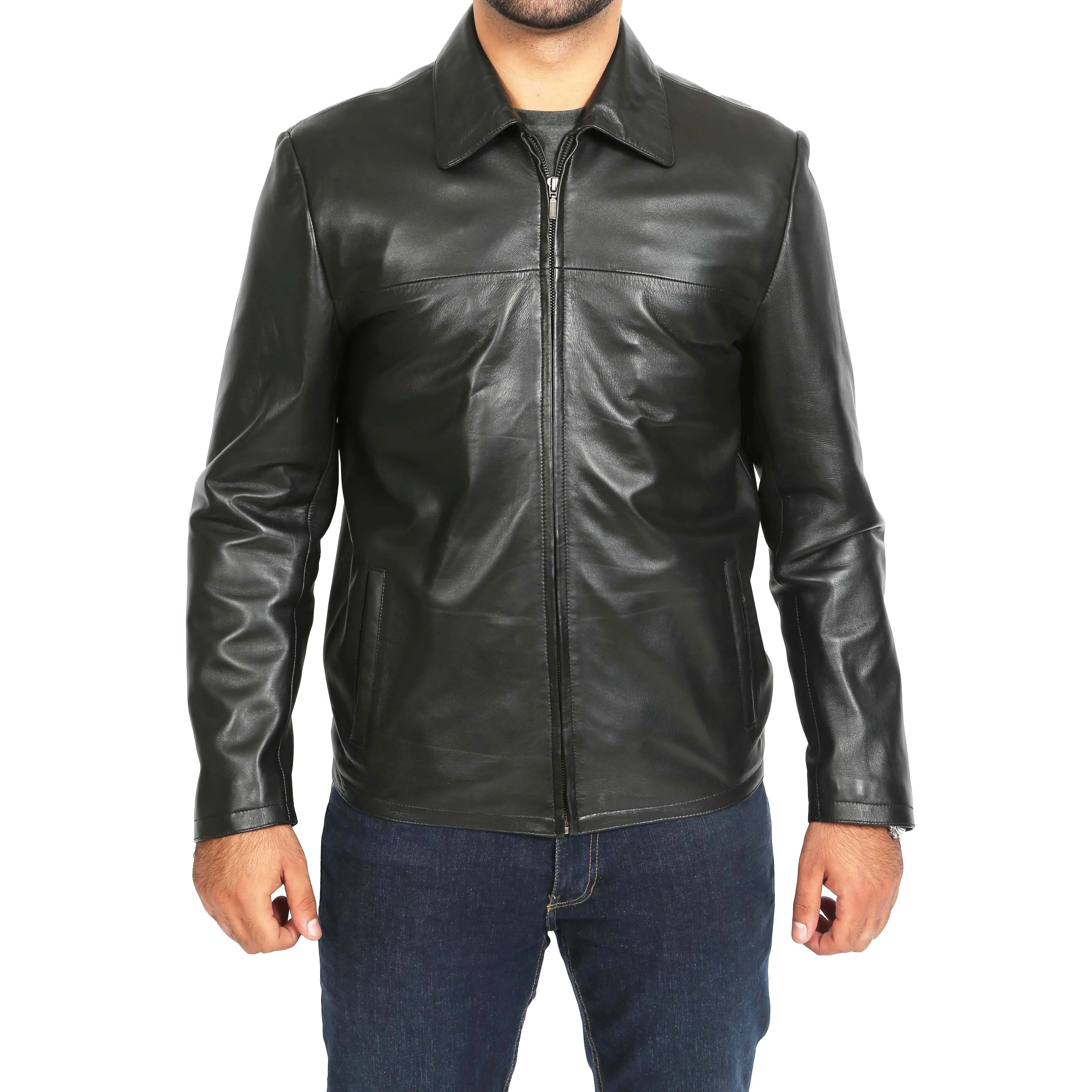 Mens Classic Zip Fasten Box Leather Jacket Tony Black
