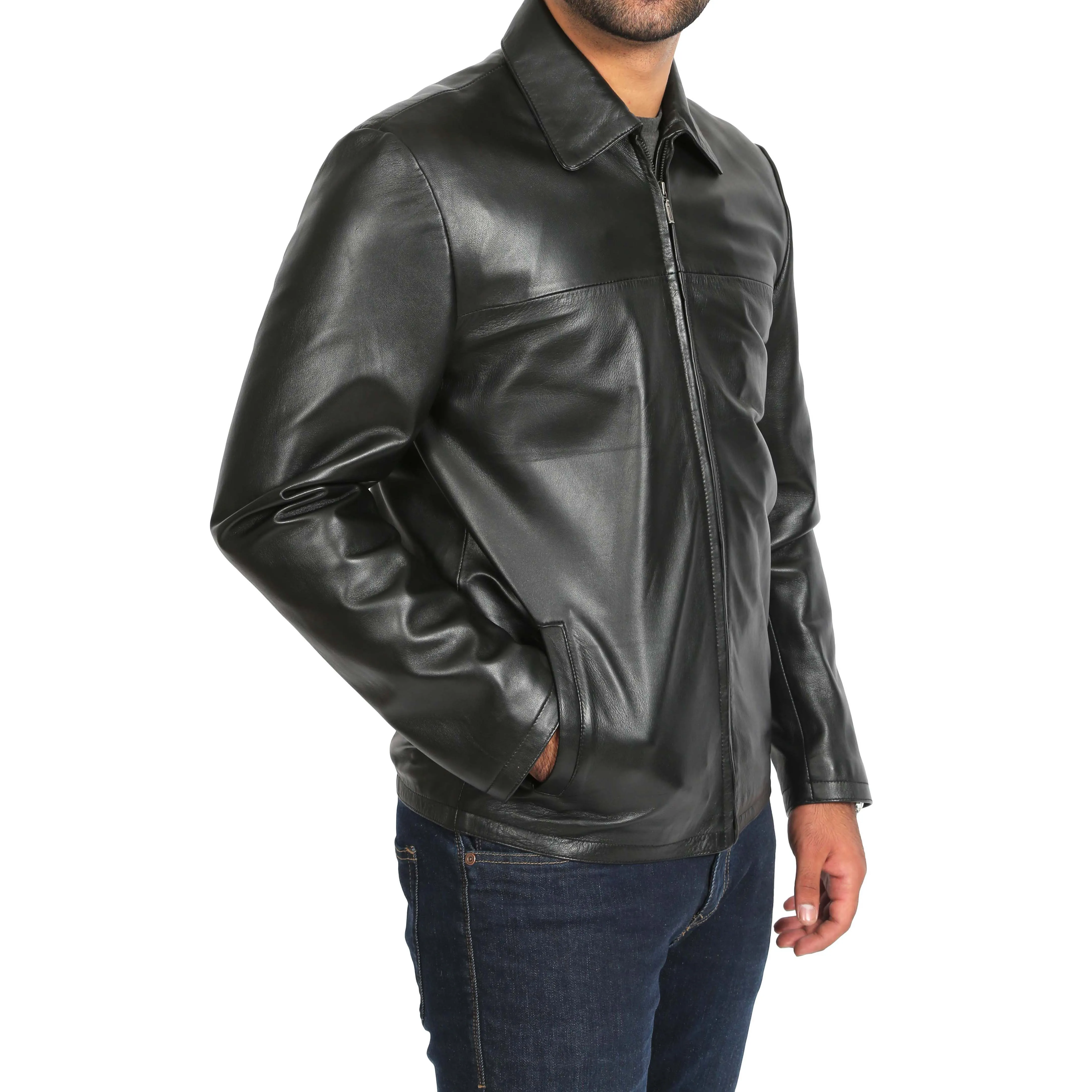 Mens Classic Zip Fasten Box Leather Jacket Tony Black