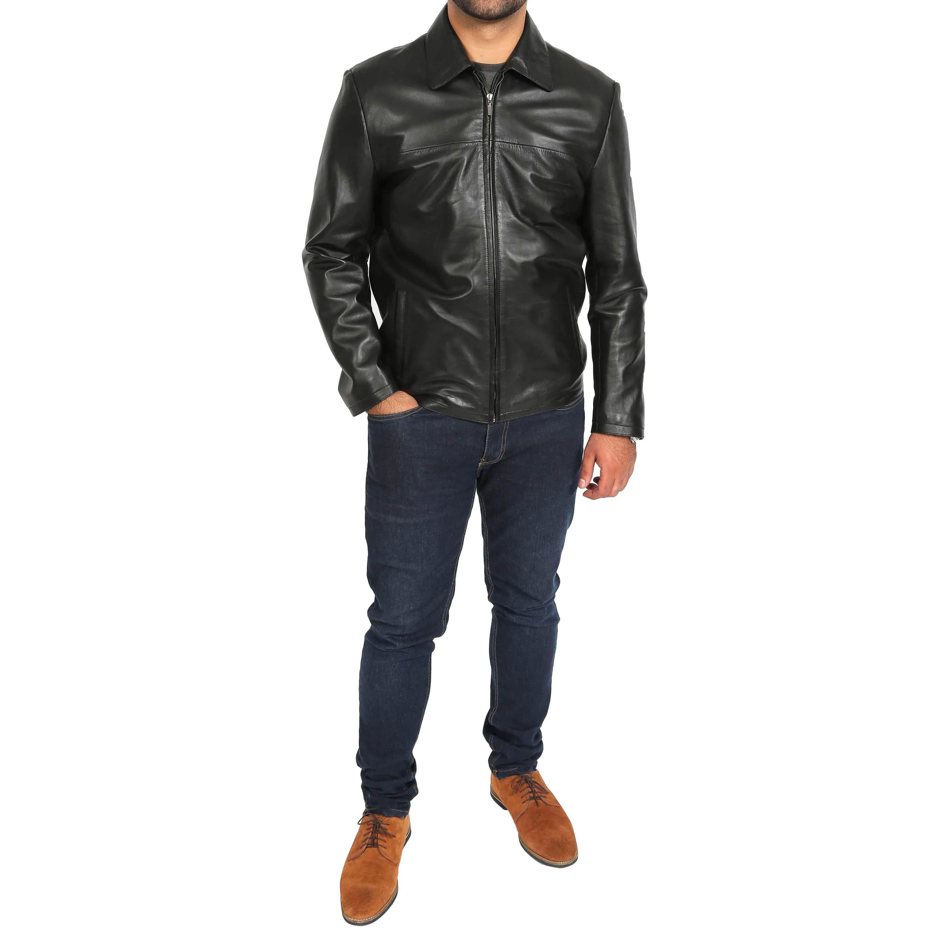 Mens Classic Zip Fasten Box Leather Jacket Tony Black