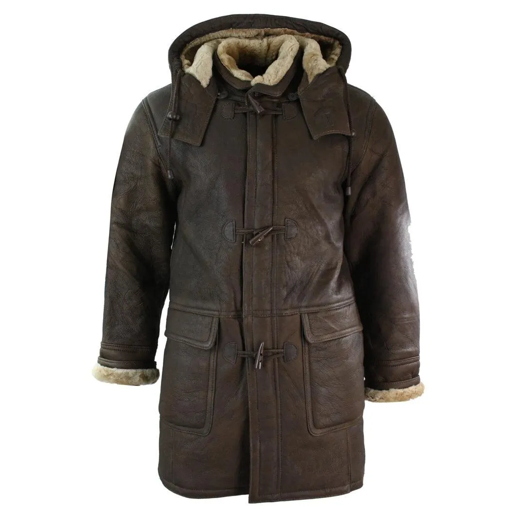Mens Winter Real Sheepskin Leather Duffle Safari Jacket Tan ginger & Ginger Hood