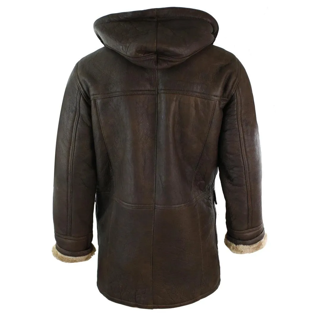Mens Winter Real Sheepskin Leather Duffle Safari Jacket Tan ginger & Ginger Hood