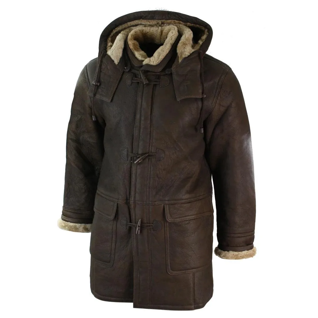 Mens Winter Real Sheepskin Leather Duffle Safari Jacket Tan ginger & Ginger Hood