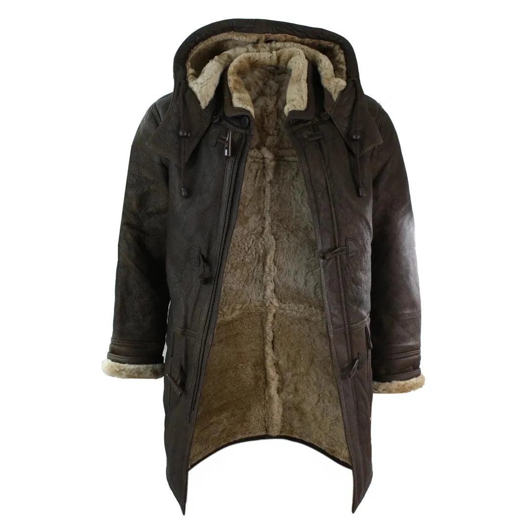 Mens Winter Real Sheepskin Leather Duffle Safari Jacket Tan ginger & Ginger Hood