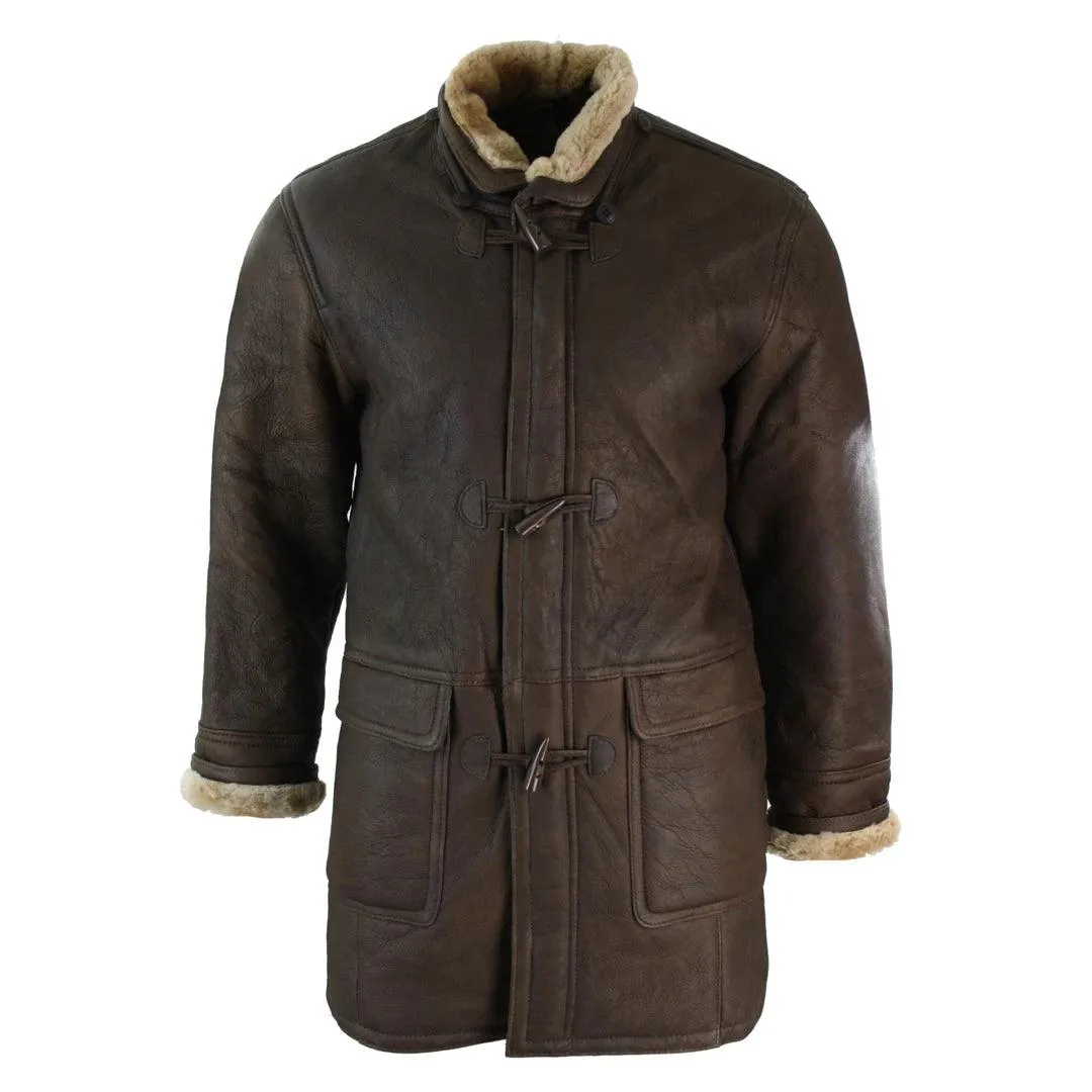 Mens Winter Real Sheepskin Leather Duffle Safari Jacket Tan ginger & Ginger Hood