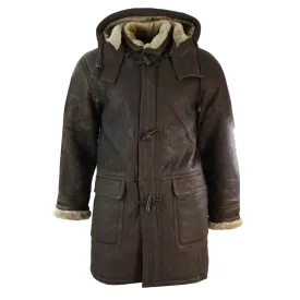 Mens Winter Real Sheepskin Leather Duffle Safari Jacket Tan ginger & Ginger Hood