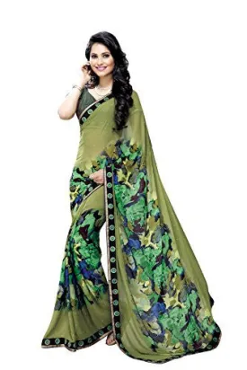 Oomph! Women's Georgette Sarees Party Wear/Fancy Georgette Sarees/Printed Georgette Sarees - Olive Green &amp; Fern Green