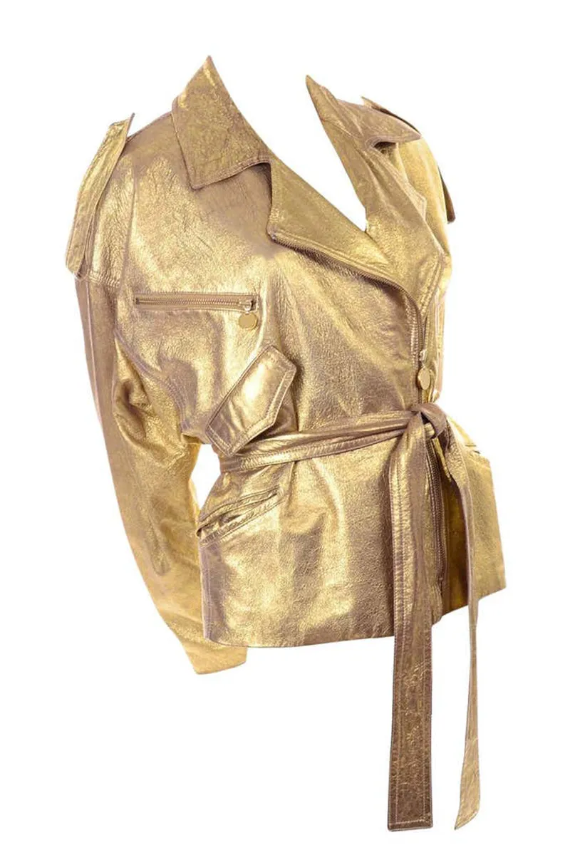 RESERVED // Donna Karan Gold Leather Moto Jacket w/ Attached Belt